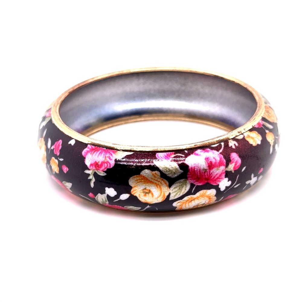 Vintage Floral Enamel Bangle Bracelet Gold Tone Trim Pink Yellow Rose Jewelry